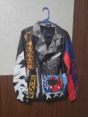 Reason Brand Faux Leather Graffiti Biker Jacket Flyest Teddy Moto - Size M